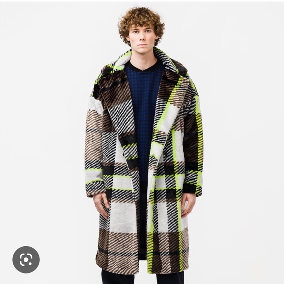 Adidas Ivy park Halls of Ivy plaid faux fur trench coat jacket - Picture 3 of 14